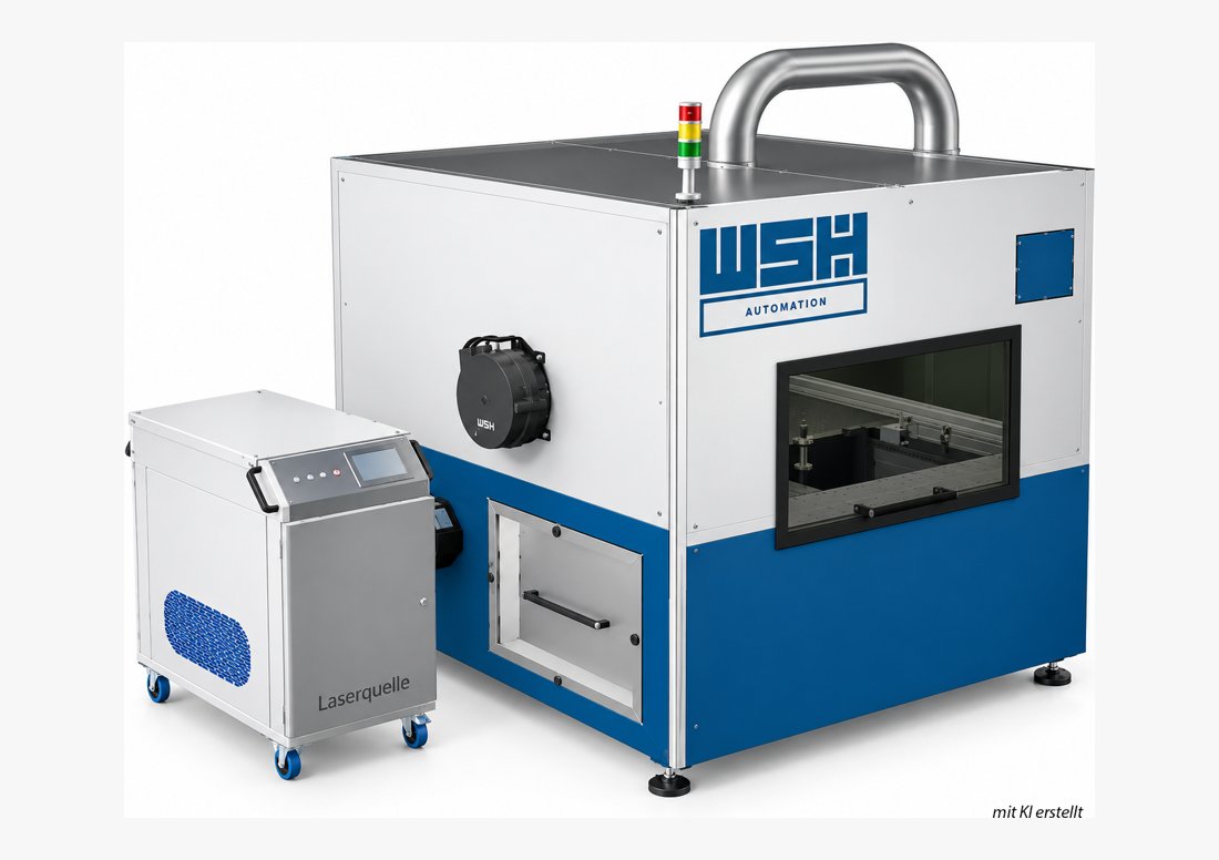 WSH Laser S, geschlossene Laserschweißzelle mit Laserquelle daneben, Darstellung mit KI erstellt